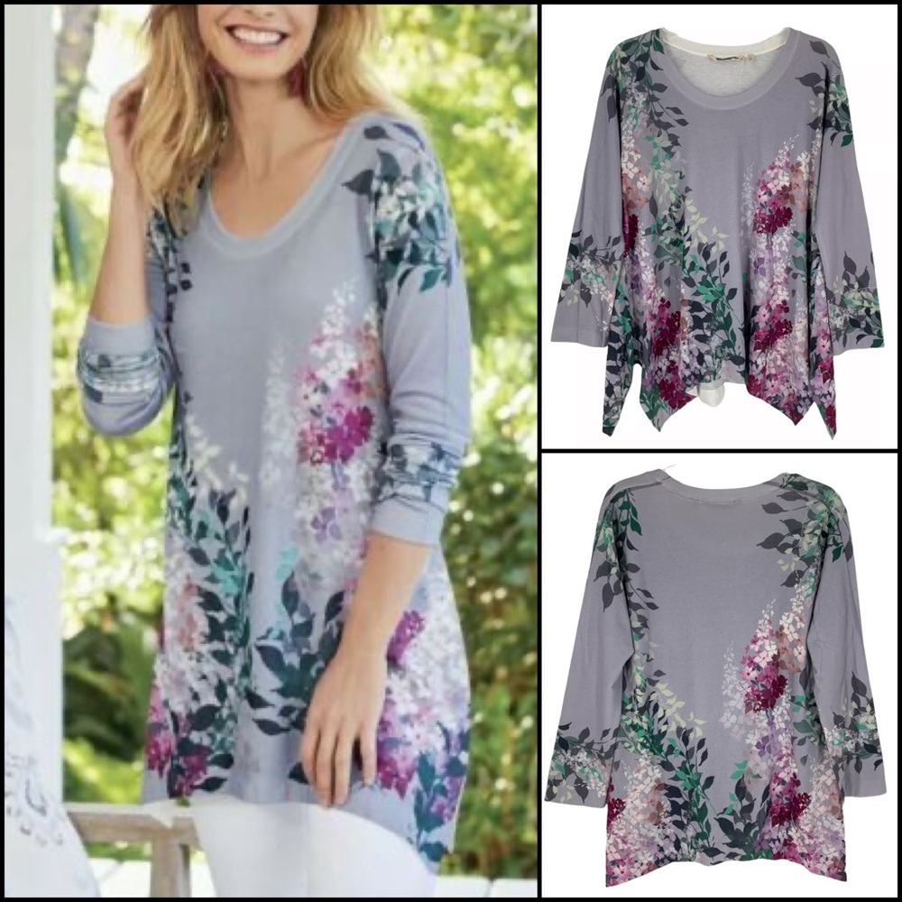 Soft Surroundings Lavender Botanical Garden Floral Shark-bite Hem Sweater Tunic
